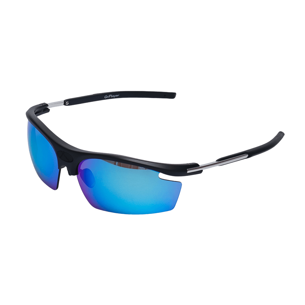 GoPlayer Lightweight Sunglasses (Sand Black Frame with White and Blue Lenses)