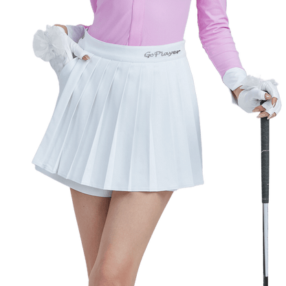 GoPlayer レディース ゴルフ フェイク ツーピース プリーツ パンツ スカート (ホワイト)