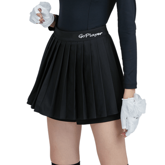 GoPlayer Women's Golf Fake Two-Piece Pleated Pants Skirt (Black)