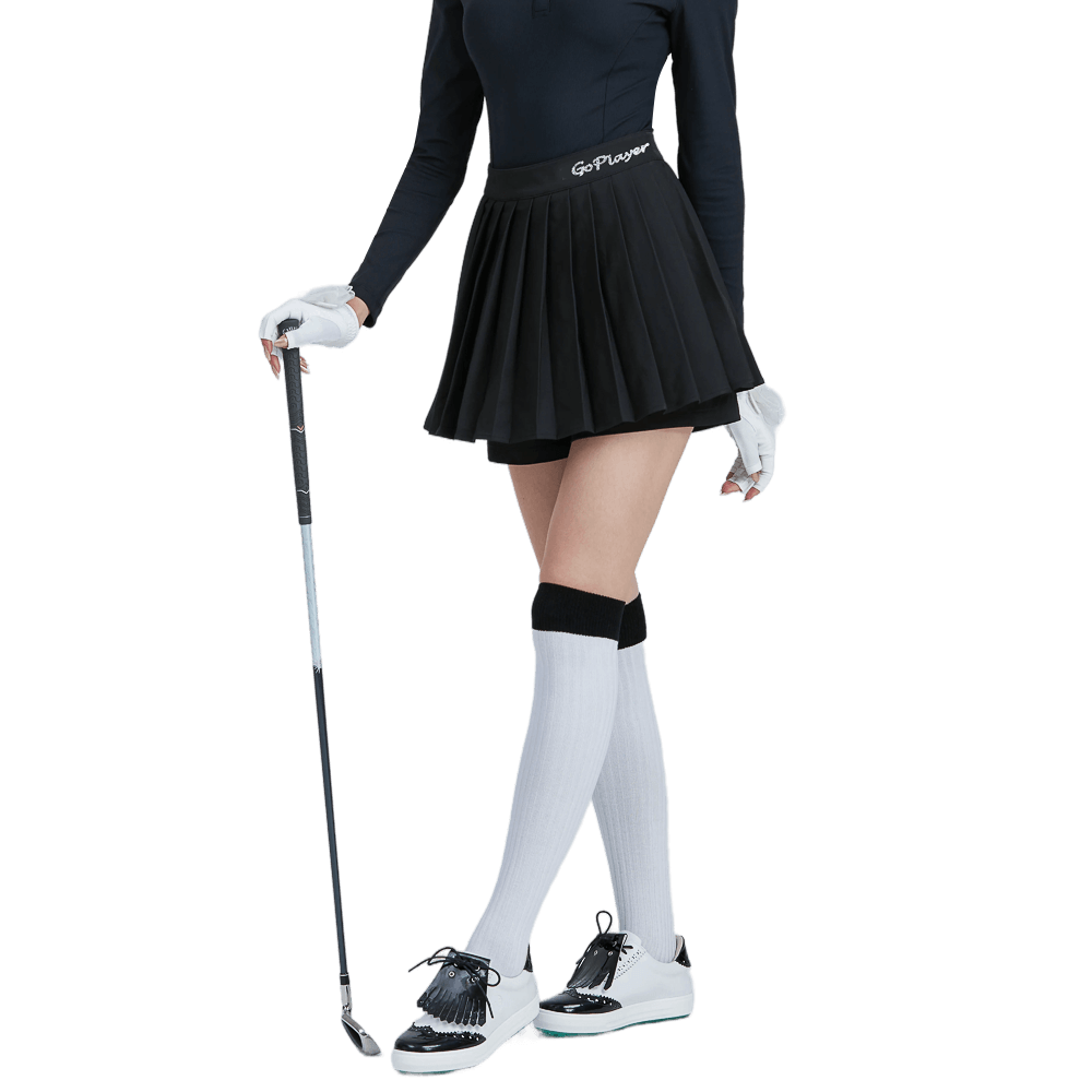 GoPlayer レディース ゴルフ フェイク ツーピース プリーツ パンツ スカート (ブラック)