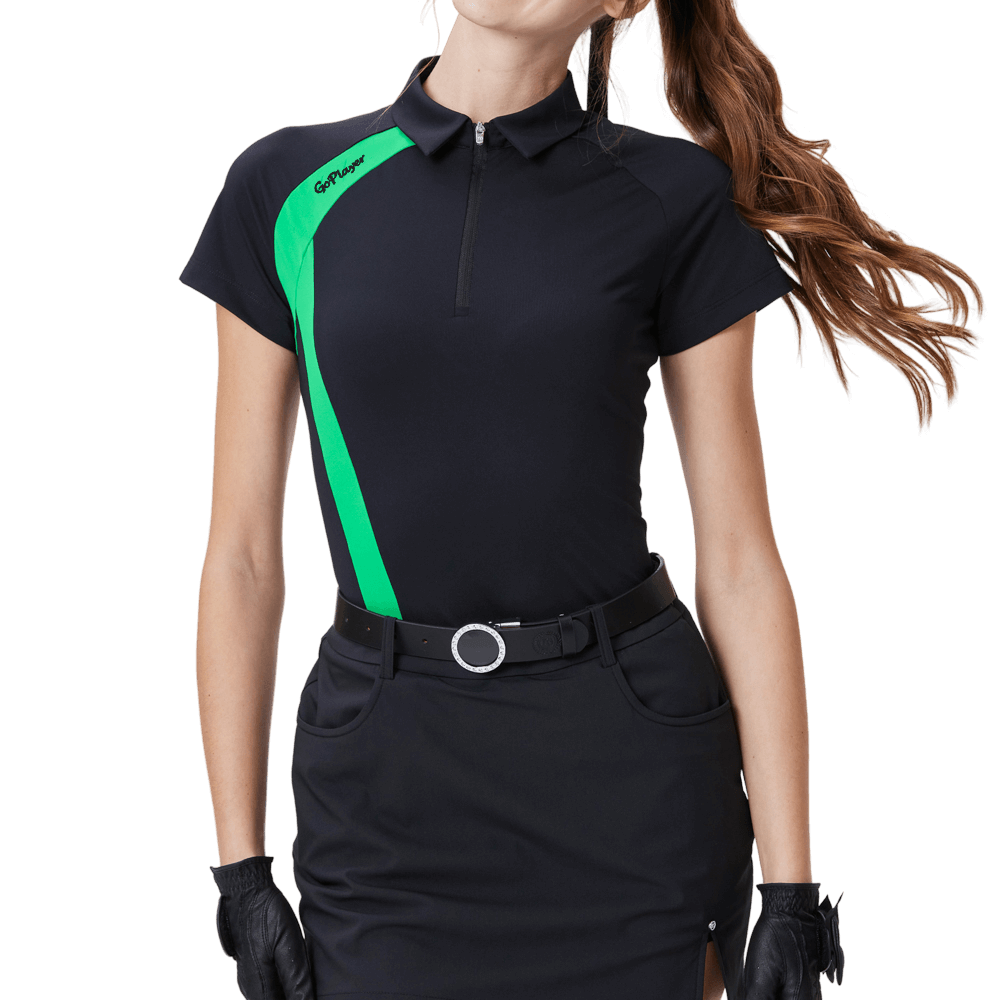 GoPlayer レディース ゴルフ カラーブロック 半袖Tシャツ (ブラック)