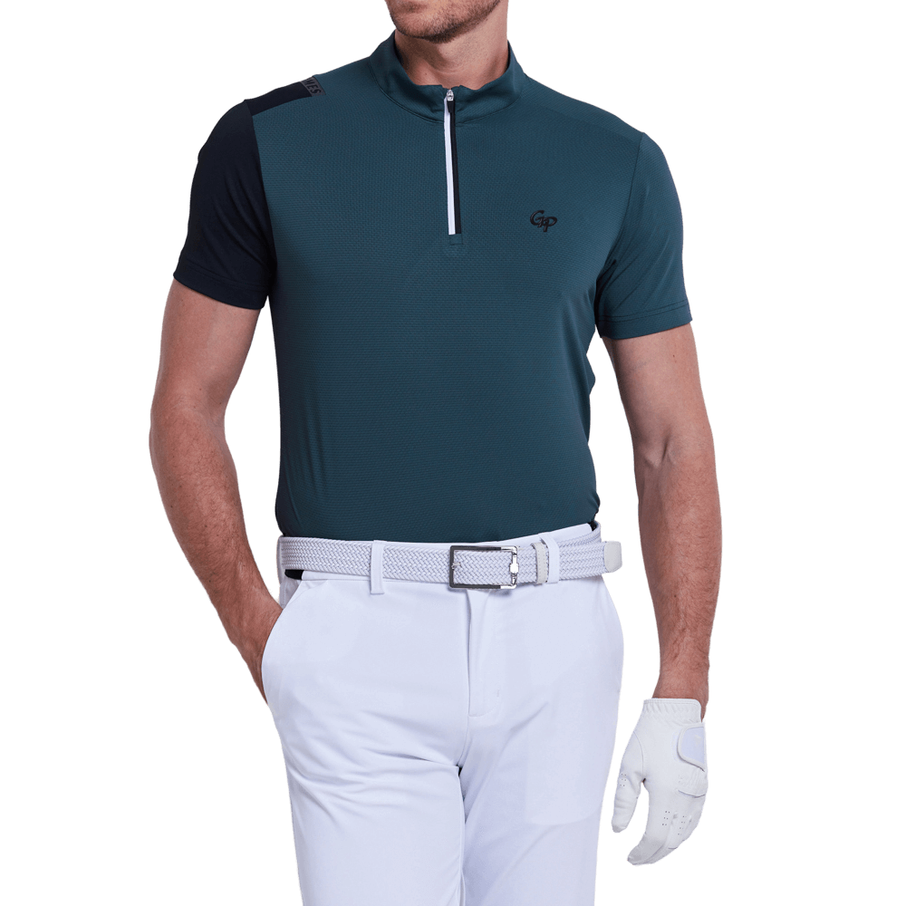 GoPlayer メンズ スタンドカラー ゴルフ 半袖 Tシャツ (ダークグリーン)