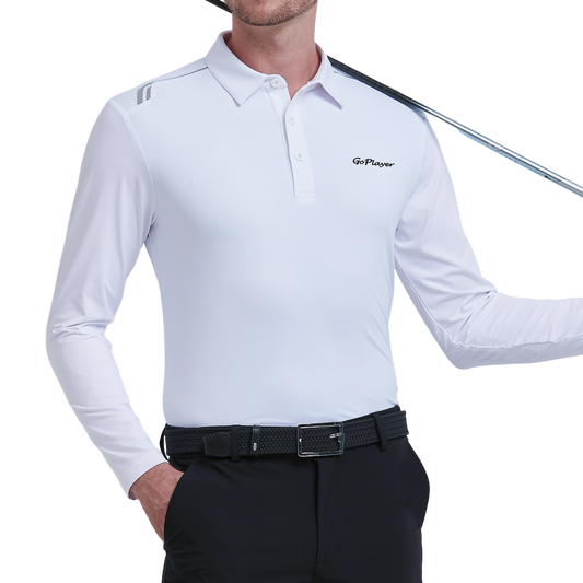GoPlayer Men's Quick-Dry UV Protection Long-Sleeve Polo Shirt (White)
