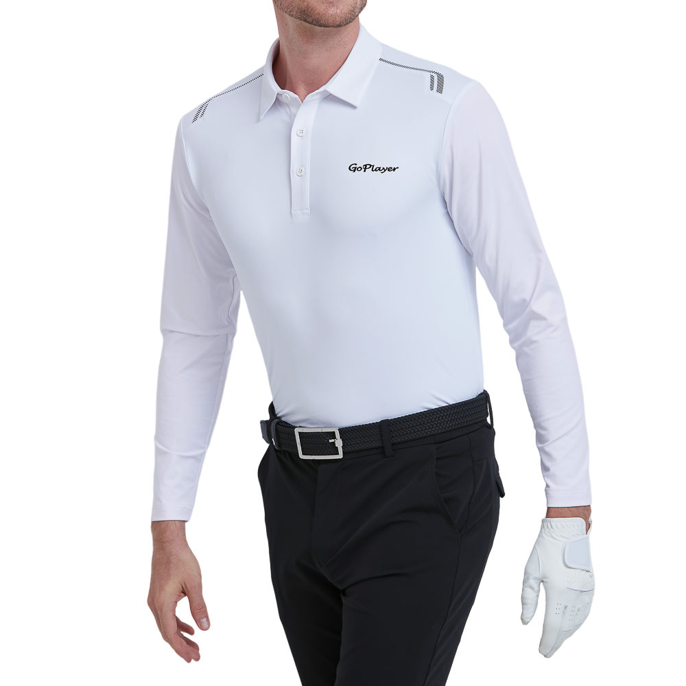 GoPlayer Men's Quick-Dry UV Protection Long-Sleeve Polo Shirt (White)