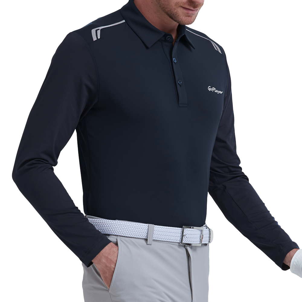 GoPlayer Men's Quick-Dry UV Protection Long-Sleeve Polo Shirt (Black)
