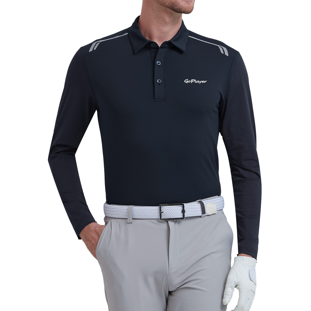 GoPlayer Men's Quick-Dry UV Protection Long-Sleeve Polo Shirt (Black)