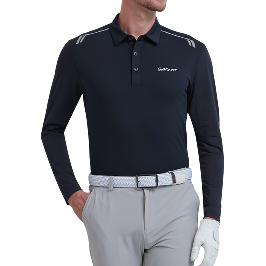 GoPlayer Men's Quick-Dry UV Protection Long-Sleeve Polo Shirt (Black)