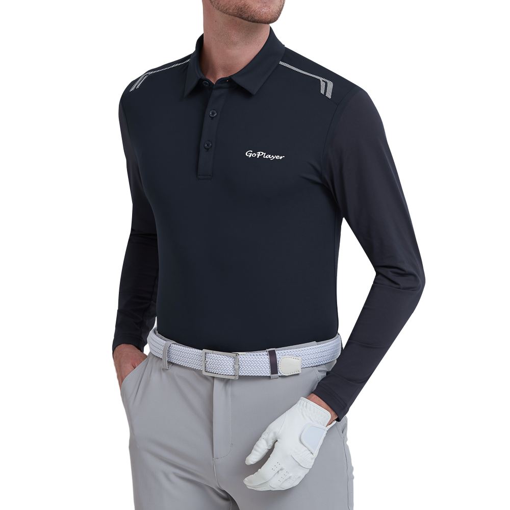 GoPlayer Men's Quick-Dry UV Protection Long-Sleeve Polo Shirt (Black)