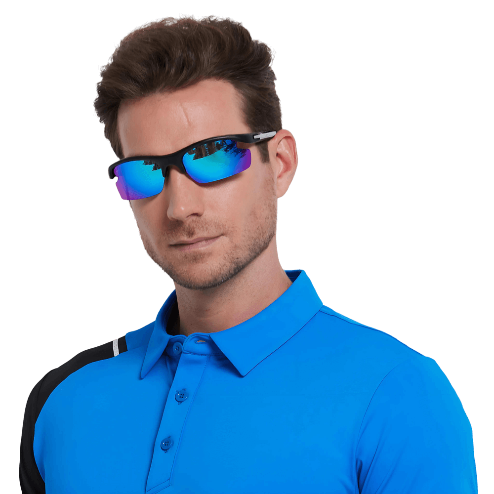 GoPlayer 軽量サングラス（サンドブラックフレーム、ホワイト＆ブルーレンズ）