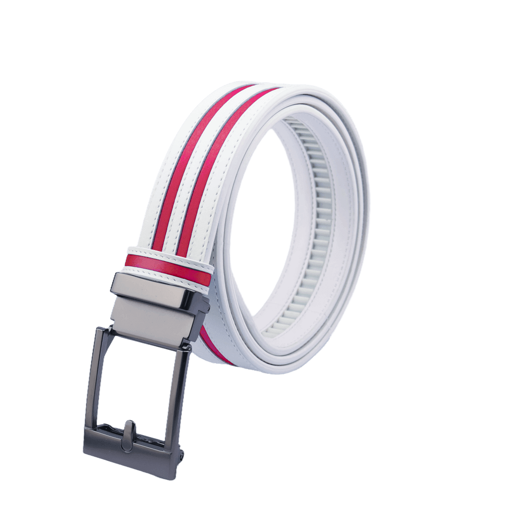 GoPlayer wide automatic buckle belt (white leather with double red stripes)