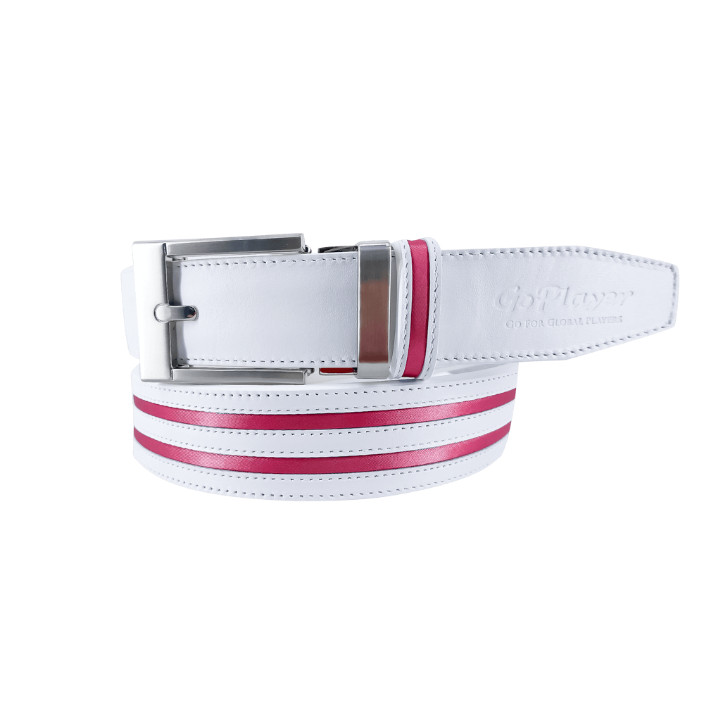 GoPlayer wide automatic buckle belt (white leather with double red stripes)