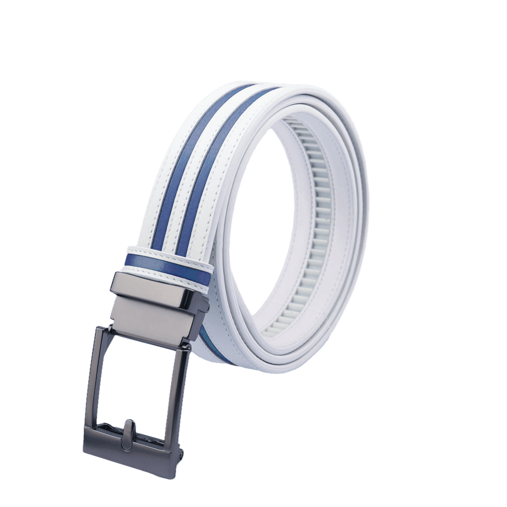 GoPlayer wide automatic buckle belt (white leather with double dark blue stripes)