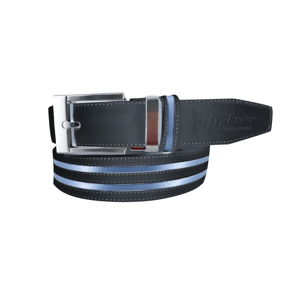 GoPlayer wide automatic buckle belt (black leather with double light blue stripes)