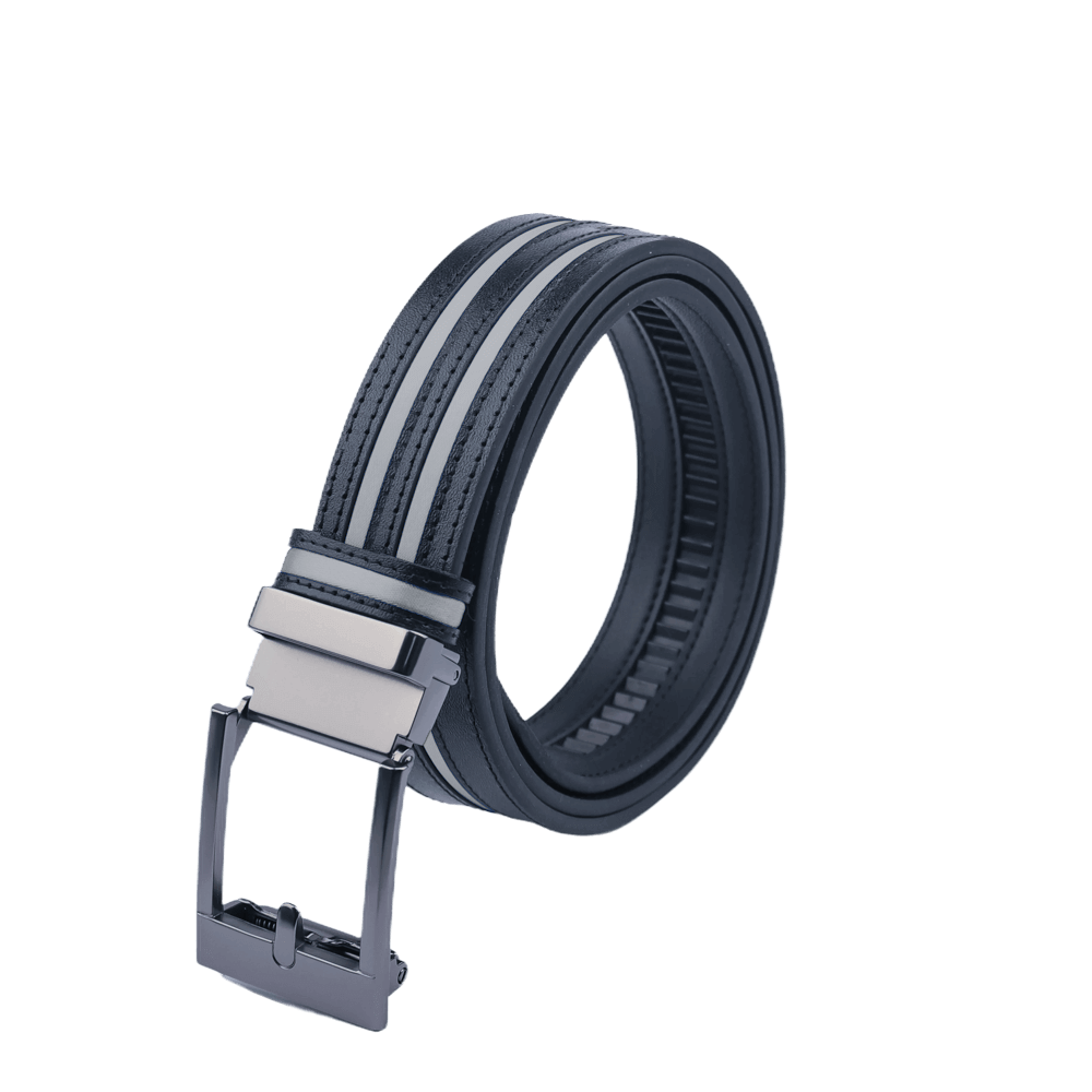 GoPlayer wide automatic buckle belt (black leather with double grey stripes)