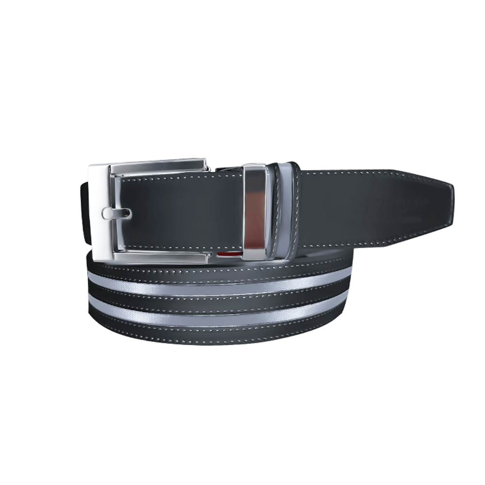 GoPlayer wide automatic buckle belt (black leather with double grey stripes)