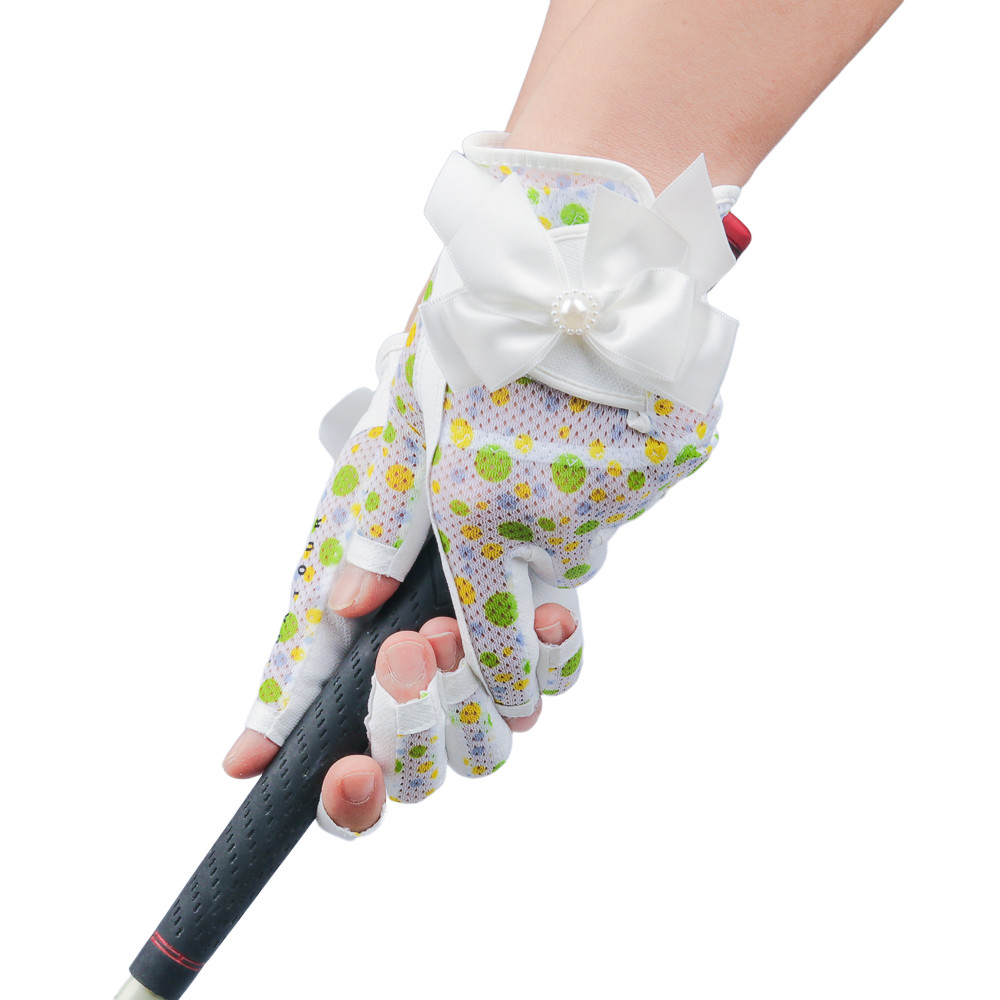 PGA TOUR Women's Golf Fingerless Bow Gloves (White and Green)