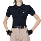 Women's short-sleeved top with zip-up collar (black)