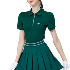 レディース ジップアップカラー半袖トップス（ダークグリーン）