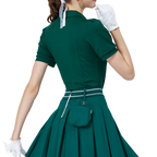 レディース ジップアップカラー半袖トップス（ダークグリーン）