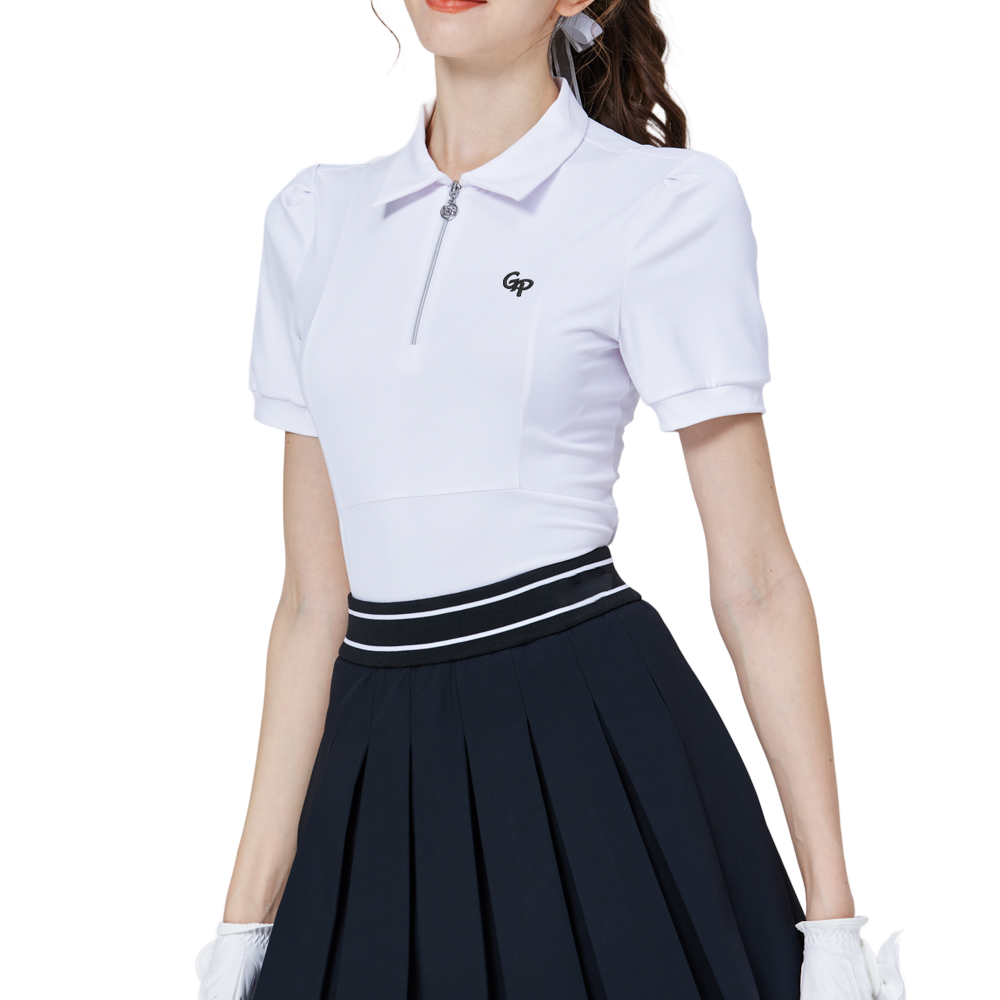 ジッパーとターンダウンカラーが付いたレディース半袖トップス（ホワイト）