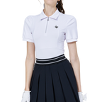 ジッパーとターンダウンカラーが付いたレディース半袖トップス（ホワイト）