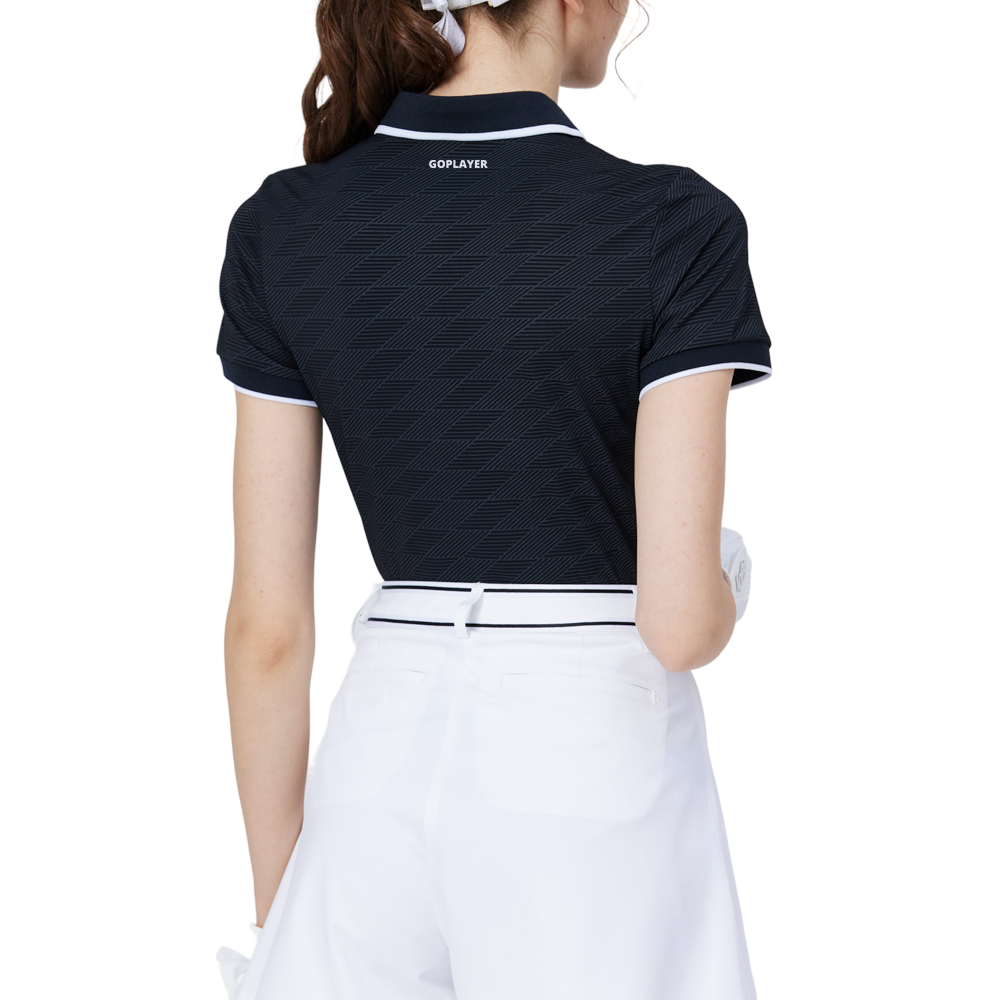 菱格緹花螺紋領女短袖上衣(黑)