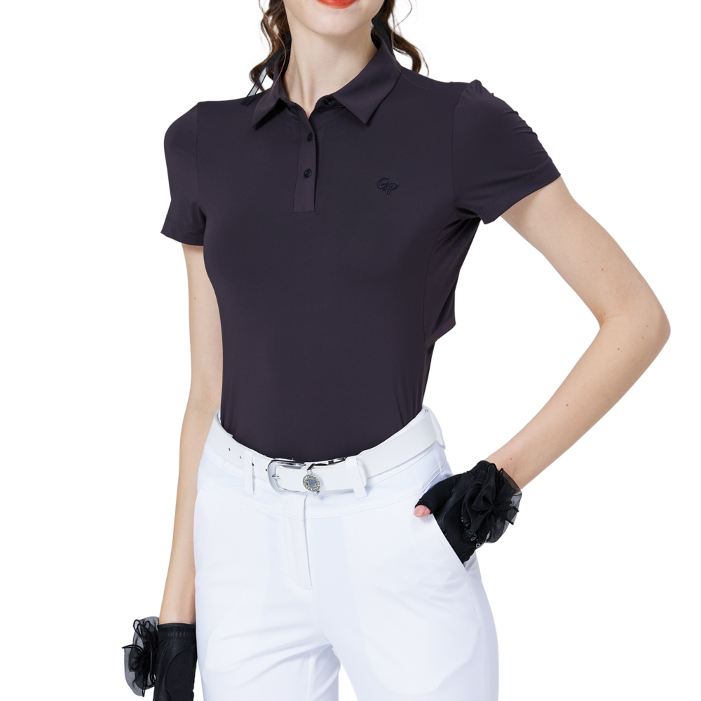 Cooling, perforated, breathable, turn-down collar women's short-sleeved top (dark brown/grey)
