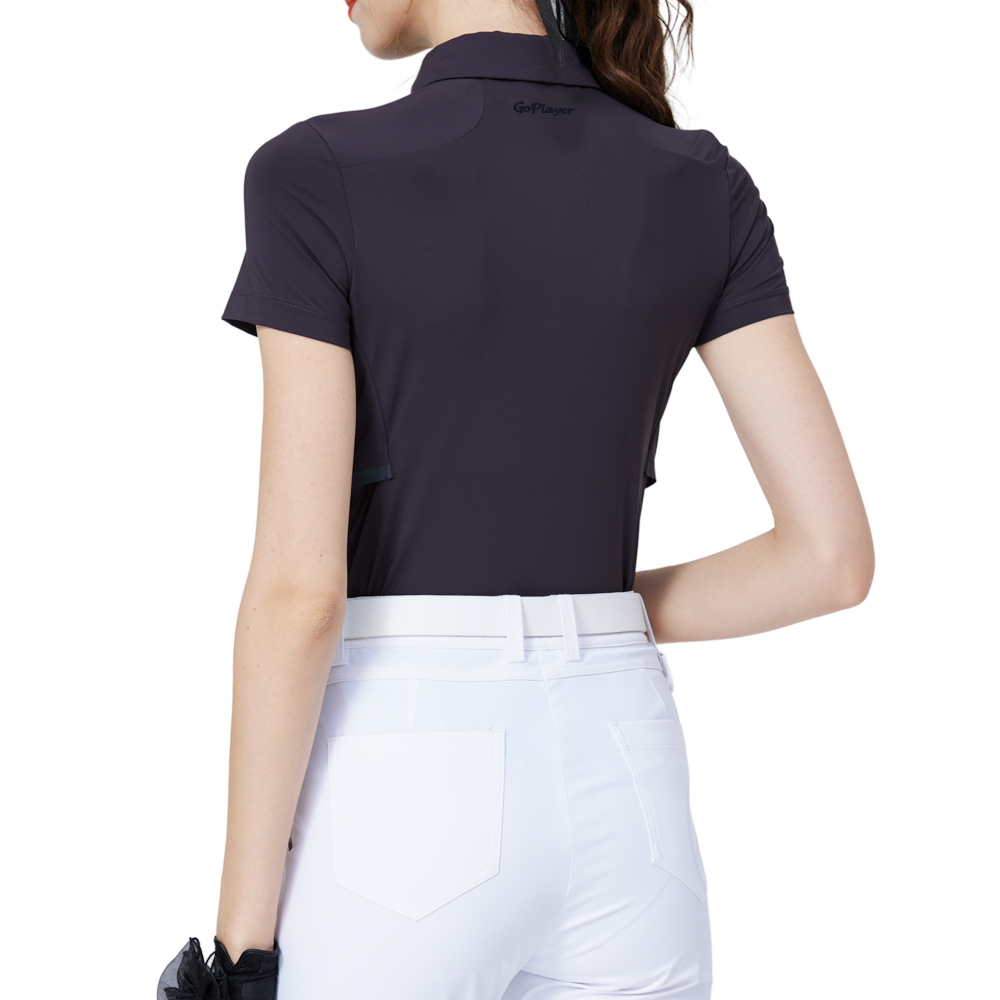 Cooling, perforated, breathable, turn-down collar women's short-sleeved top (dark brown/grey)