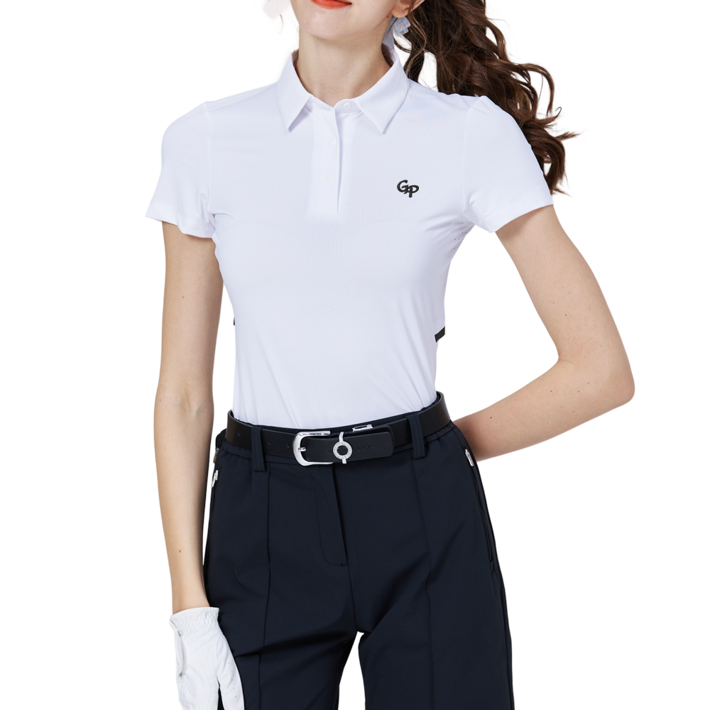 Cooling, perforated, breathable, turn-down collar women's short-sleeved top (white)