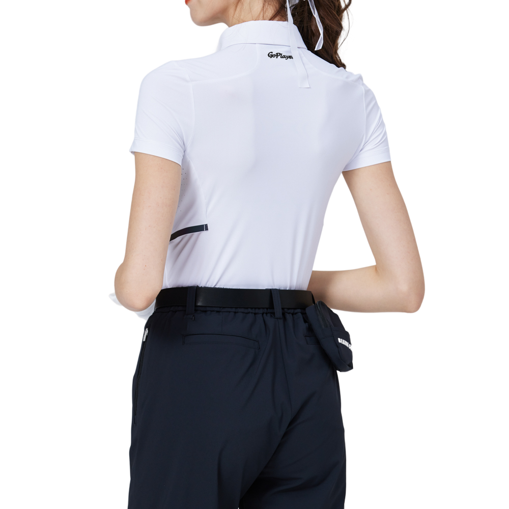 Cooling, perforated, breathable, turn-down collar women's short-sleeved top (white)