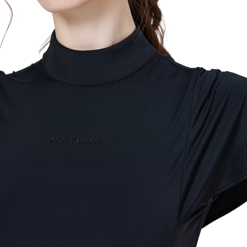 Women's short-sleeved top with wavy sleeves and a stand collar (black)