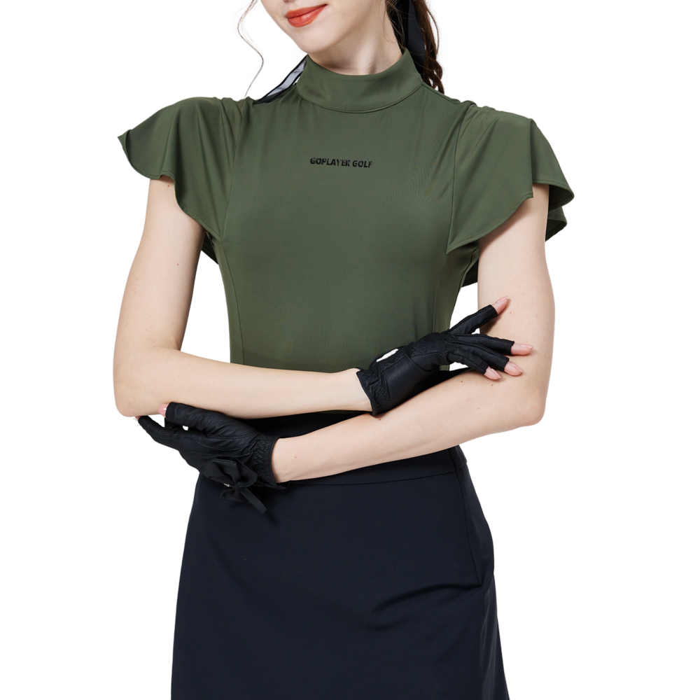 Women's short-sleeved top with wavy sleeves and a stand collar (military green)