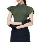 Women's short-sleeved top with wavy sleeves and a stand collar (military green)