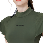 Women's short-sleeved top with wavy sleeves and a stand collar (military green)