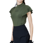 Women's short-sleeved top with wavy sleeves and a stand collar (military green)