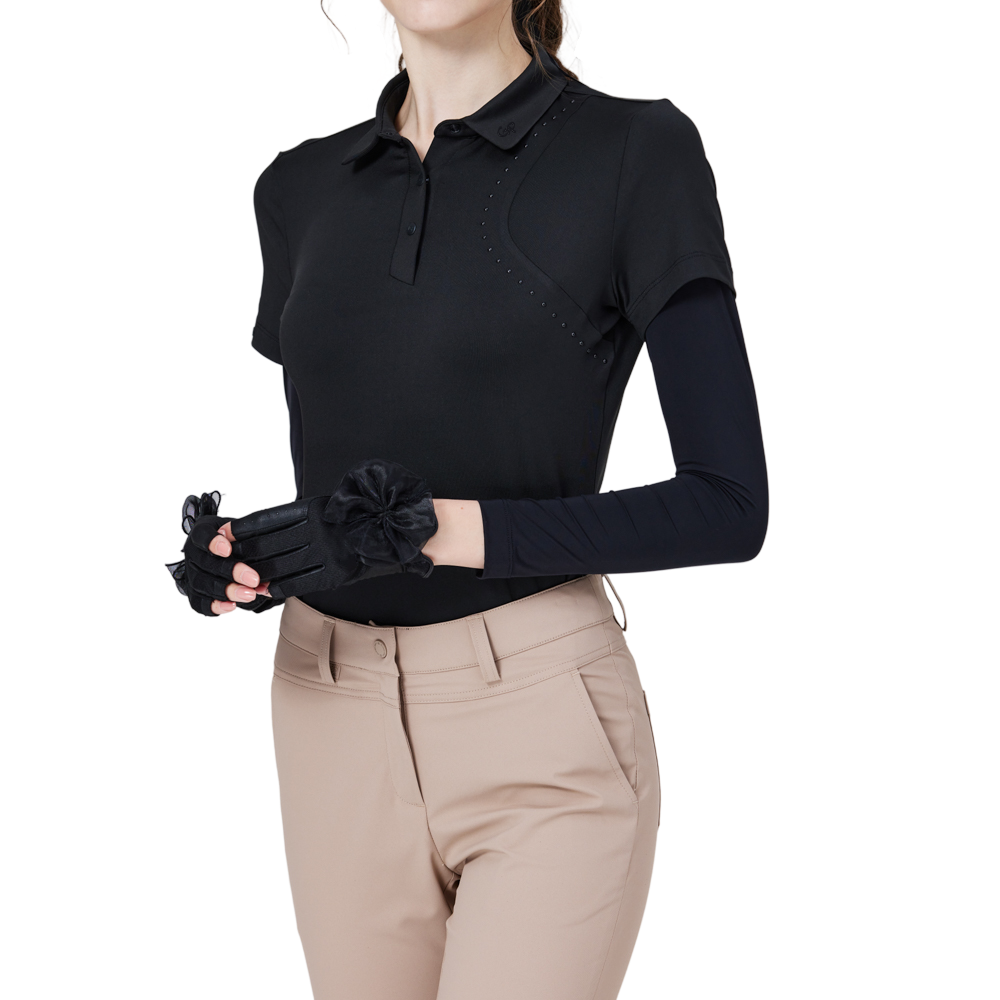 燙珠翻領絲光連袖短袖女上衣(黑)