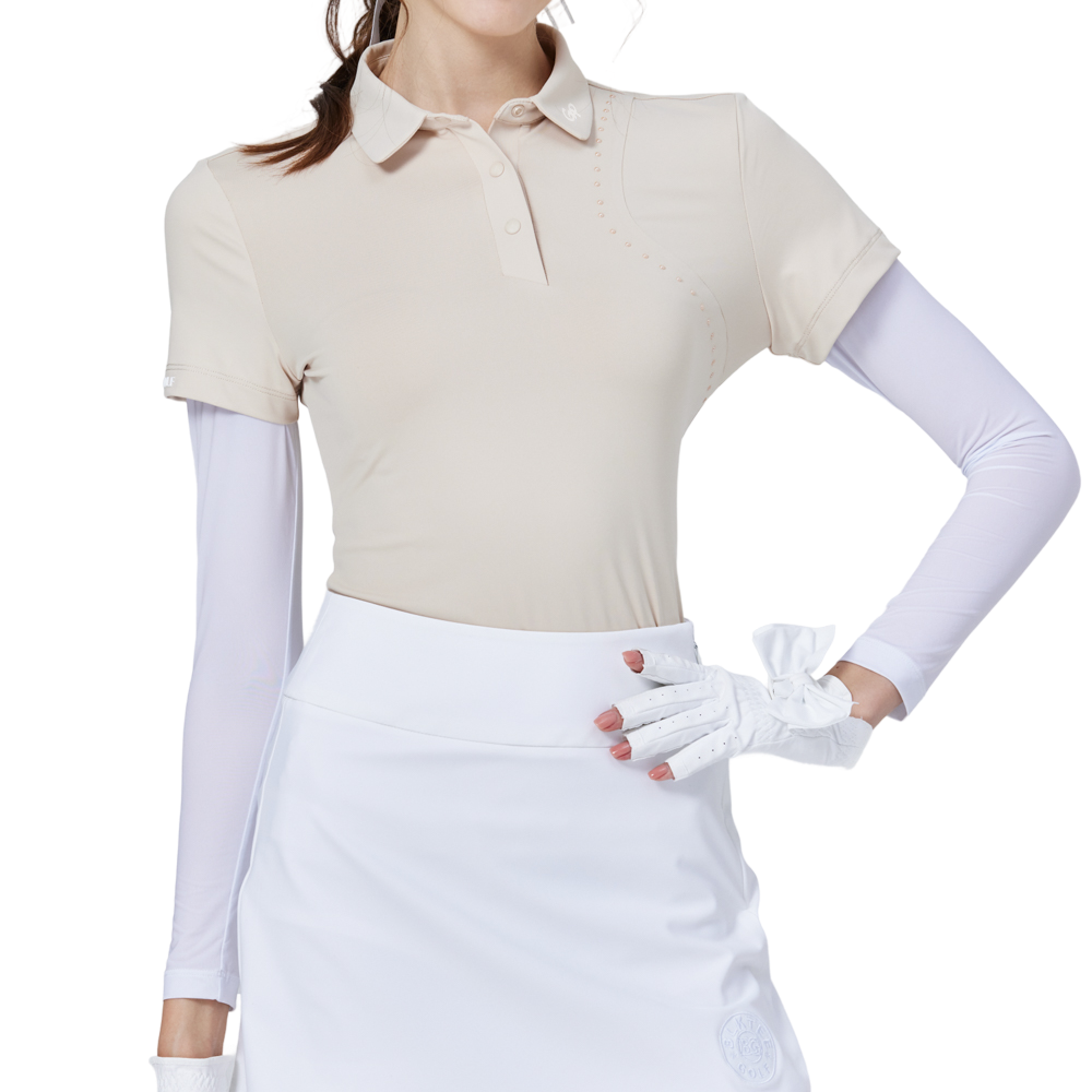 Beaded collar, silk-finish, short-sleeved blouse (khaki)