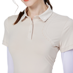 ビーズカラー、シルク仕上げ、半袖ブラウス（カーキ）