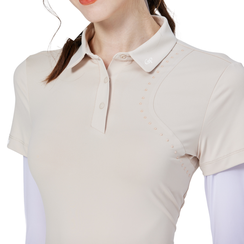 Beaded collar, silk-finish, short-sleeved blouse (khaki)