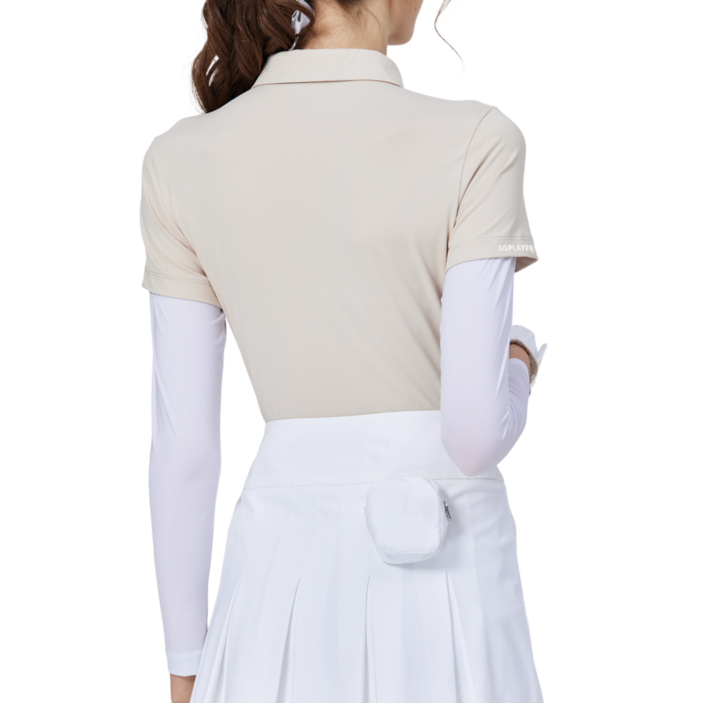 Beaded collar, silk-finish, short-sleeved blouse (khaki)