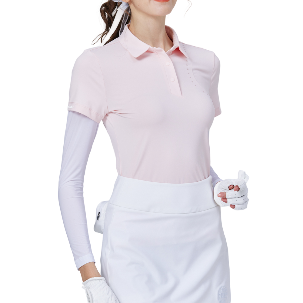 Women's short-sleeved top with beaded collar and silky raglan sleeves (pink)