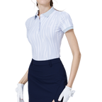 彩條翻領女短袖上衣(淺灰)