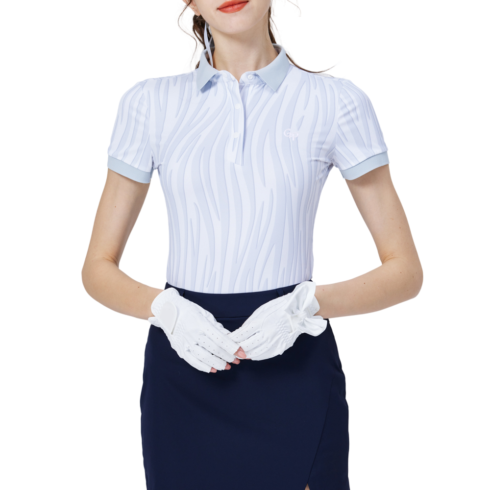 彩條翻領女短袖上衣(淺灰)