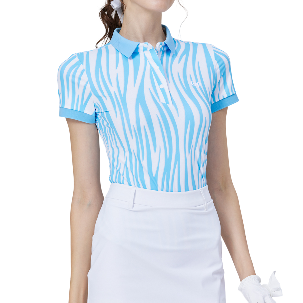 Striped collared short-sleeved top for women (blue)