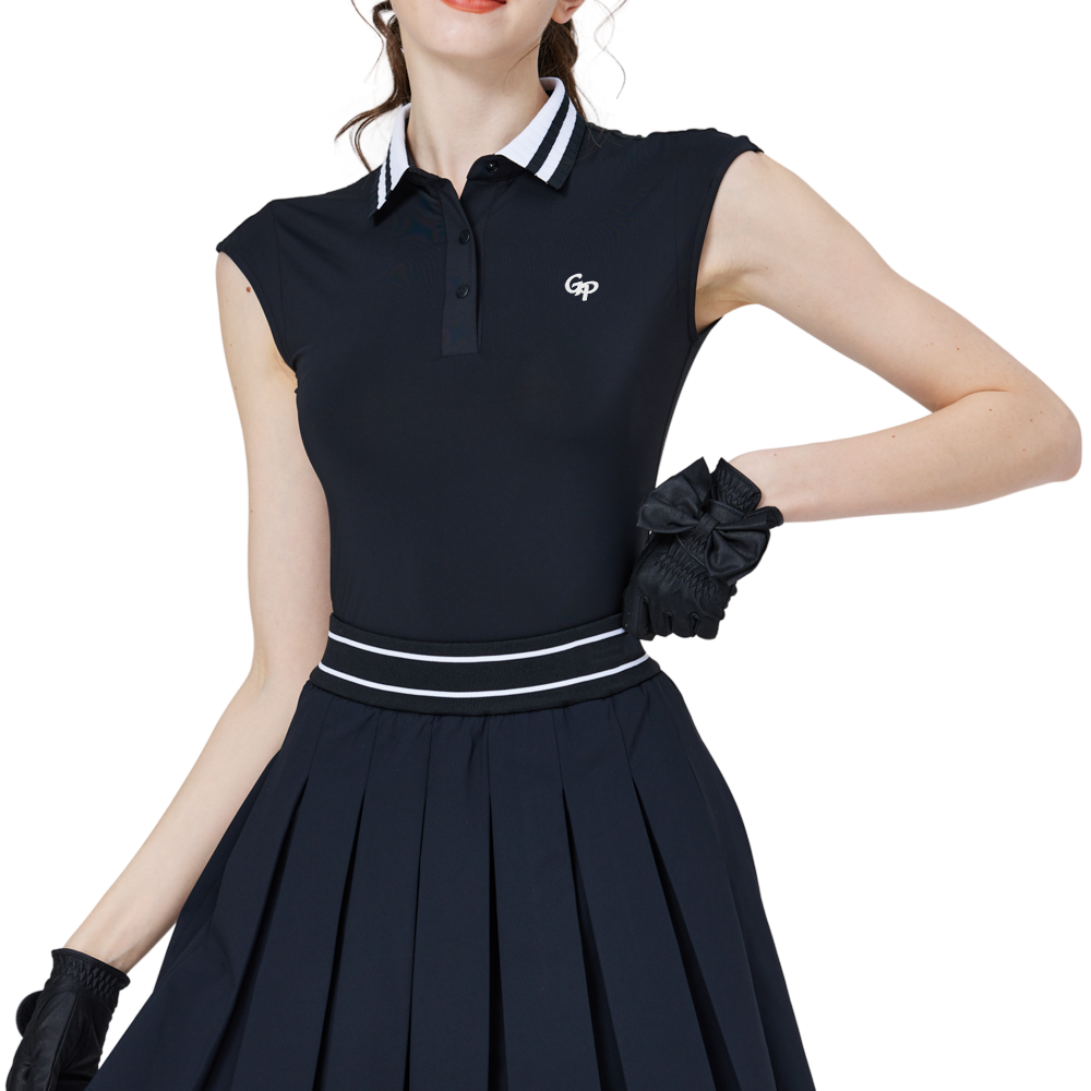 涼感收腰學院領女無袖上衣(黑)