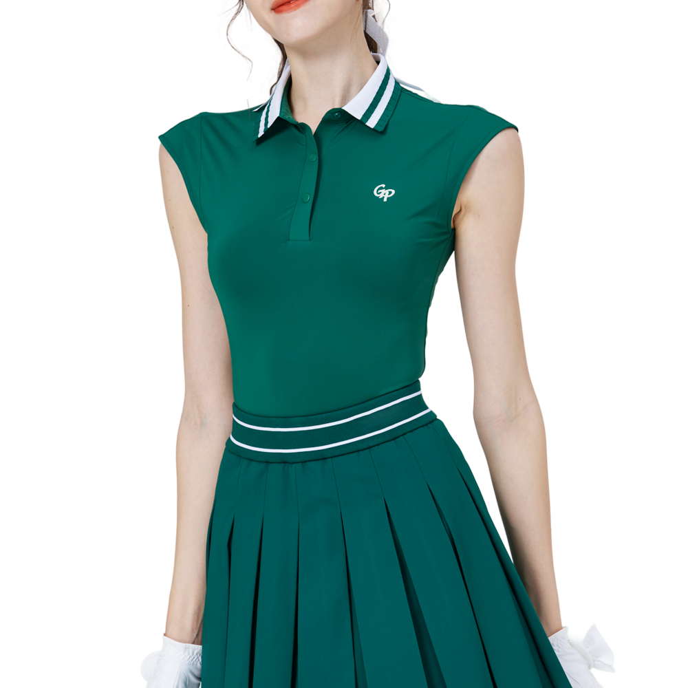 クールフィット、ウエストにフィット、カレッジネック、ノースリーブトップス（ダークグリーン）