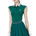 涼感收腰學院領女無袖上衣(墨綠)