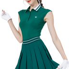 涼感收腰學院領女無袖上衣(墨綠)