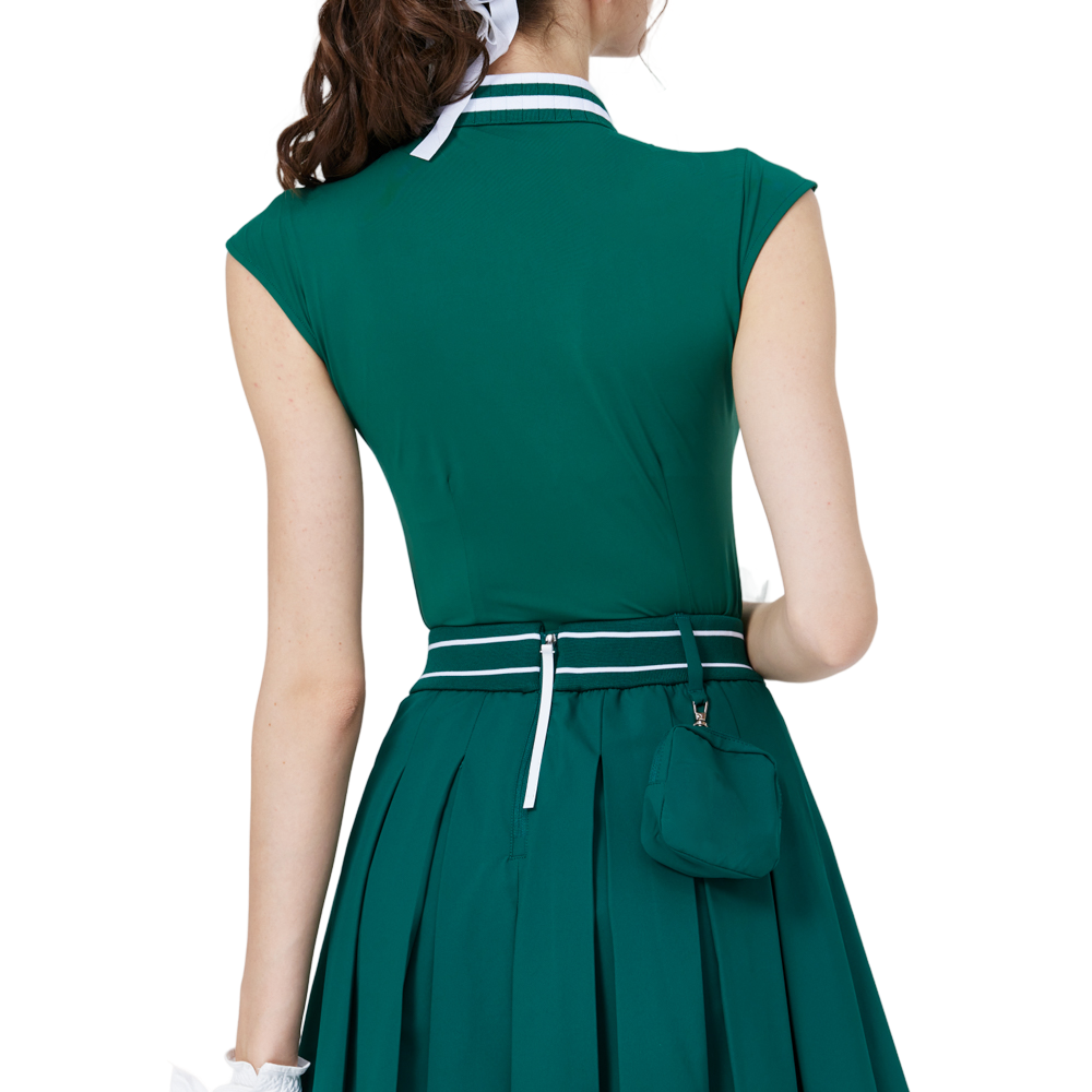 涼感收腰學院領女無袖上衣(墨綠)