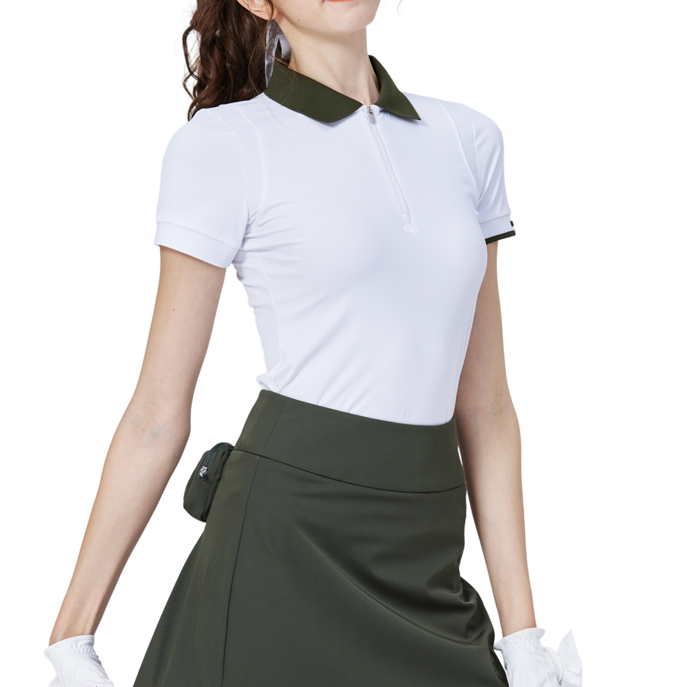 White women's short-sleeved top with contrasting collar